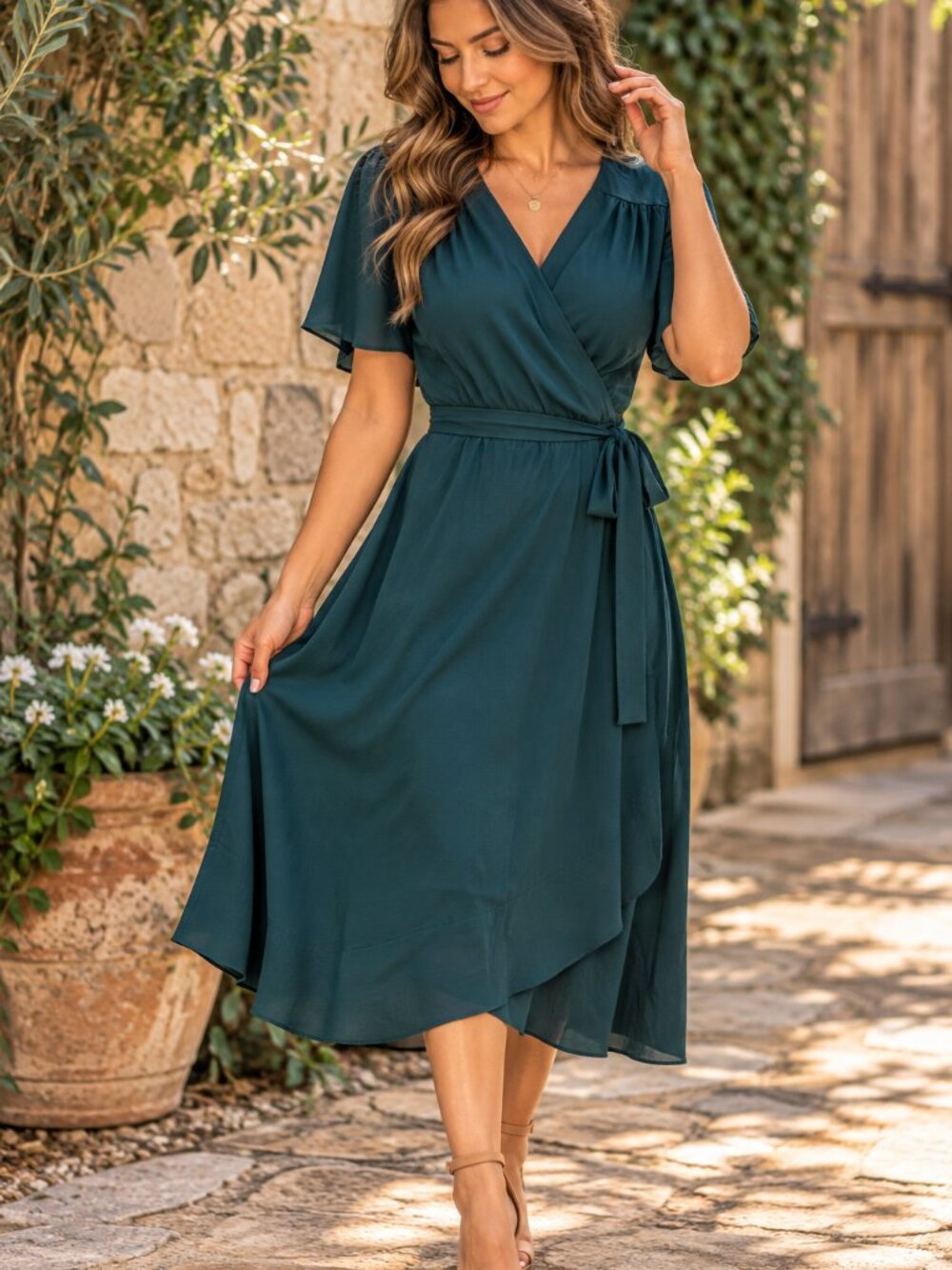 Lulus Emerald Green Midi Wrap Dress Flutter Sleeve Wedding Guest M 0122